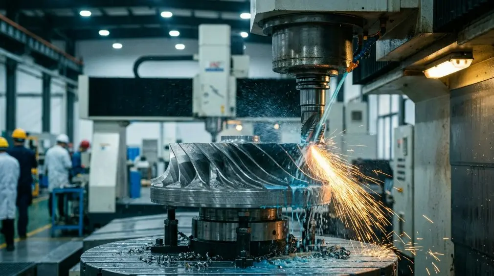 A high-tech aerospace manufacturing facility in China showing a 5-axis CNC machine carving a titanium jet engine component with sparks and blue coolant spray.