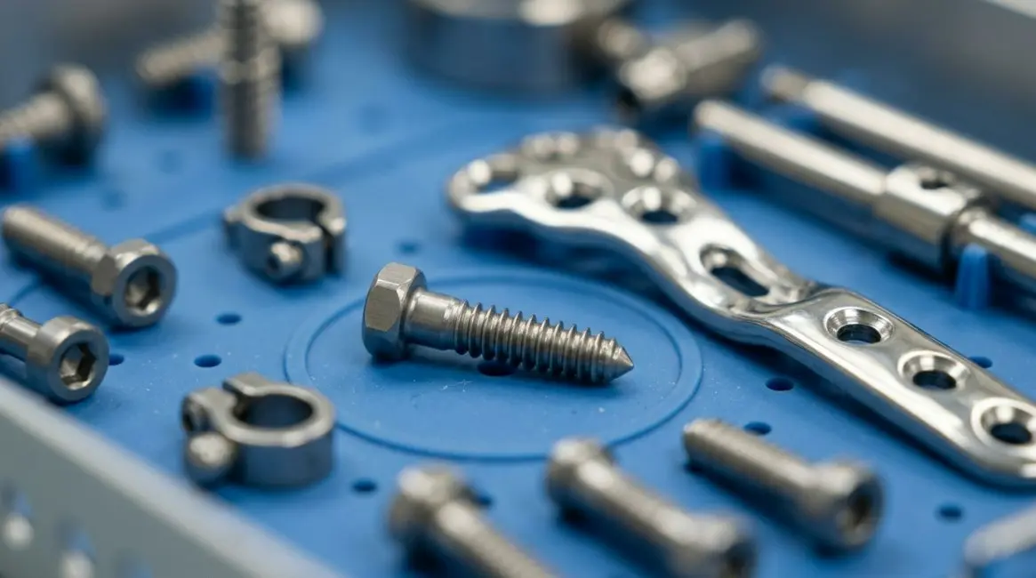 A technical macro shot of highly polished, passivation-treated medical-grade titanium and stainless steel CNC machined parts, arranged on a pristine blue sterilizable silicone tray.